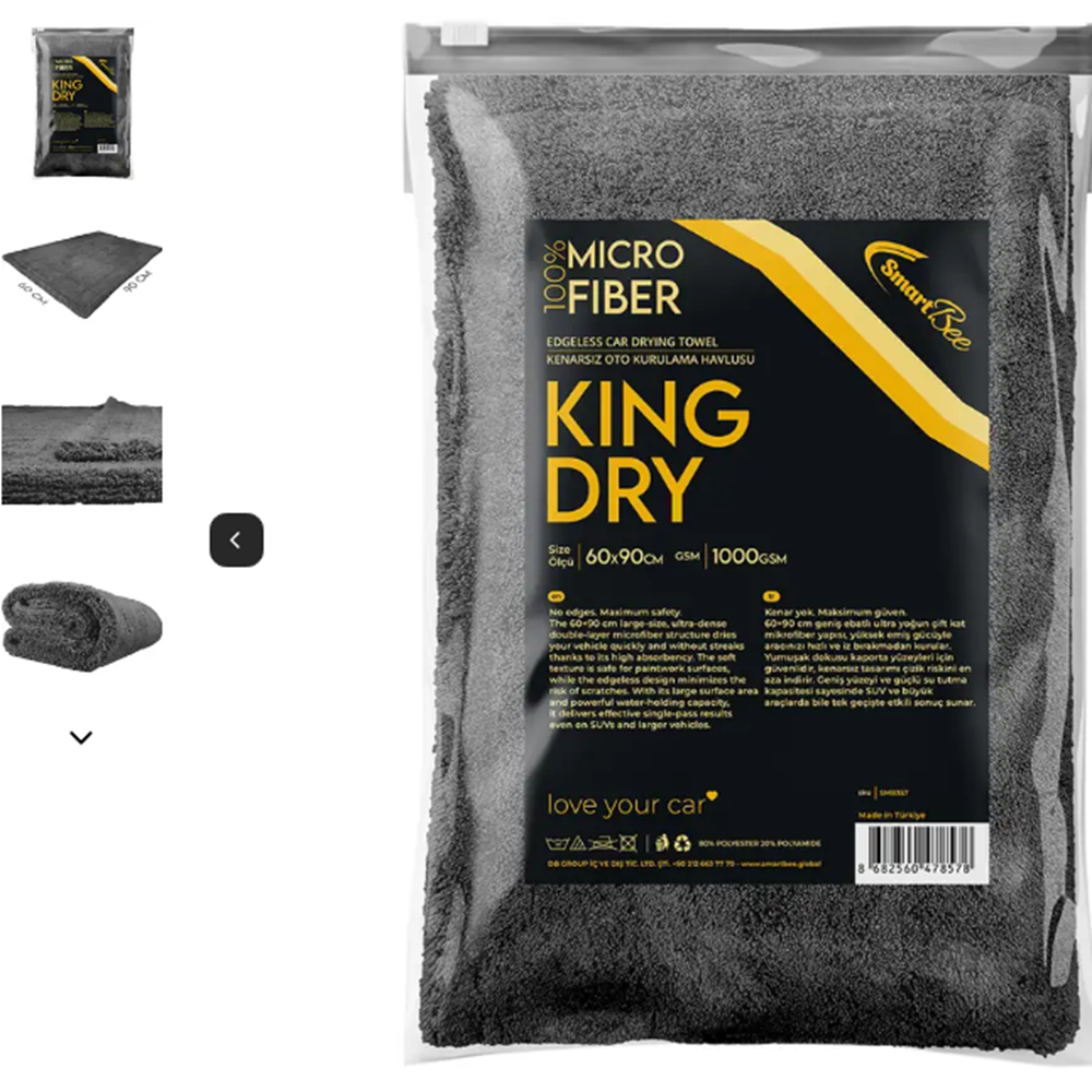 KINGDRY 1000GSM Anthracite Microfiber Auto Drying Towel 60x90cm EDGELESS - SMB357